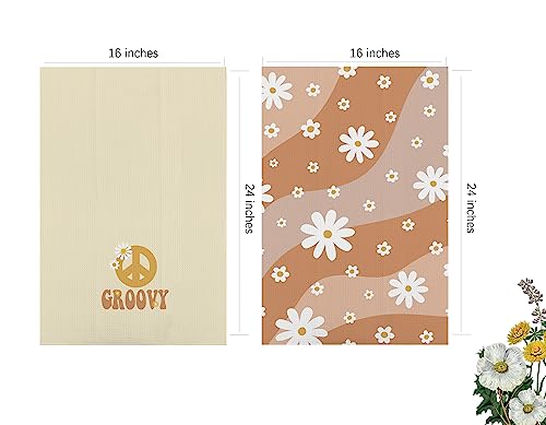 Groovy Retro 70s Hippie Boho Daisy Floral Peace Sign Kitchen Towels Set of 2,Cotton Modern 24 X 16 Inches Dish Towels Dishcloths,Dish Cloth Flour Sack Hand Towel for Farmhouse Kitchen Decor