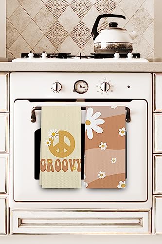 Groovy Retro 70s Hippie Boho Daisy Floral Peace Sign Kitchen Towels Set of 2,Cotton Modern 24 X 16 Inches Dish Towels Dishcloths,Dish Cloth Flour Sack Hand Towel for Farmhouse Kitchen Decor