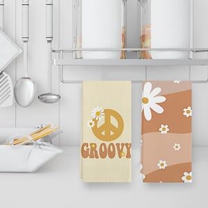 Groovy Retro 70s Hippie Boho Daisy Floral Peace Sign Kitchen Towels Set of 2,Cotton Modern 24 X 16 Inches Dish Towels Dishcloths,Dish Cloth Flour Sack Hand Towel for Farmhouse Kitchen Decor