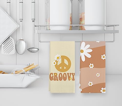 Groovy Retro 70s Hippie Boho Daisy Floral Peace Sign Kitchen Towels Set of 2,Cotton Modern 24 X 16 Inches Dish Towels Dishcloths,Dish Cloth Flour Sack Hand Towel for Farmhouse Kitchen Decor