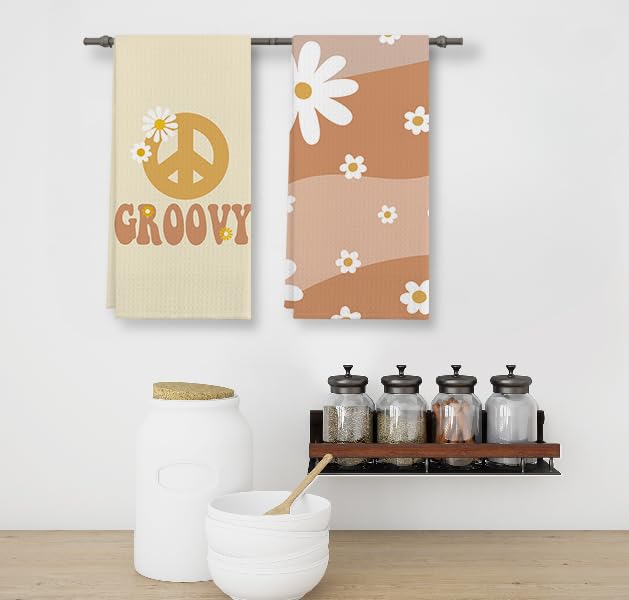 Groovy Retro 70s Hippie Boho Daisy Floral Peace Sign Kitchen Towels Set of 2,Cotton Modern 24 X 16 Inches Dish Towels Dishcloths,Dish Cloth Flour Sack Hand Towel for Farmhouse Kitchen Decor