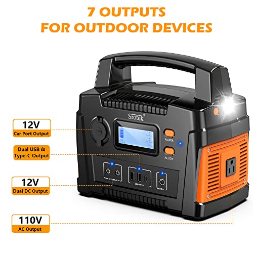 SROTEK Portable Power Station 300W 296Wh Lithium Battery Pack Generator with LED Light [Output: 110V/AC, 12V/DC, 2x USB,Type C] [Input:110-240V Adapter & Solar] for Outdoors Camping Travel Blackout