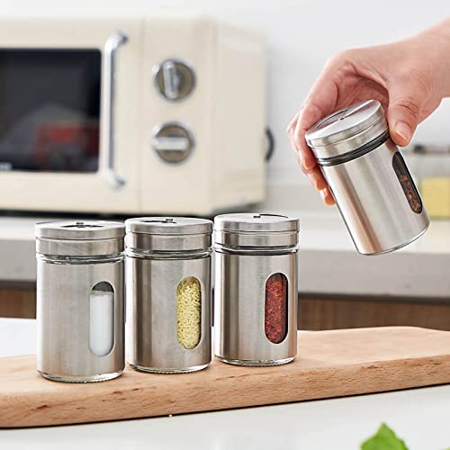 Stainless Steel Salt and Pepper Shakers, Spice Shakers with Transparent Window, Glass Spice Jars Seasoning Shaker Dispenser with Rotatable Lid, Salt and Pepper Shakers for Salt Sugar Spice Pepper