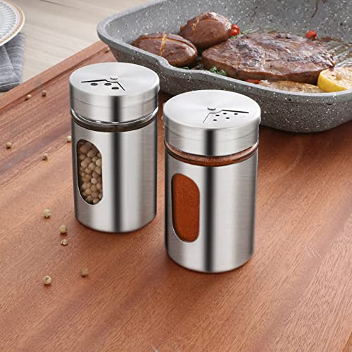 Stainless Steel Salt and Pepper Shakers, Spice Shakers with Transparent Window, Glass Spice Jars Seasoning Shaker Dispenser with Rotatable Lid, Salt and Pepper Shakers for Salt Sugar Spice Pepper