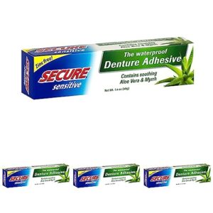 secure sensitive gums waterproof denture adhesive zinc free with aloe vera & myrrh - extra strong 12 hour hold - 1.4 oz (pack of 4)