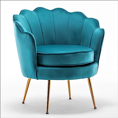 Container Furniture Direct Velvet Barrel Accent Chair with Scalloped Silhouette and Gold Metal Legs, Decorative Piece Suitable for Traditional, Modern, and Contemporary Spaces, Greenish Blue