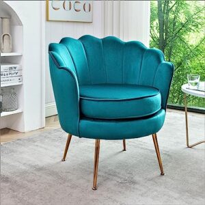 Container Furniture Direct Velvet Barrel Accent Chair with Scalloped Silhouette and Gold Metal Legs, Decorative Piece Suitable for Traditional, Modern, and Contemporary Spaces, Greenish Blue