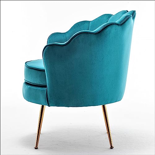 Container Furniture Direct Velvet Barrel Accent Chair with Scalloped Silhouette and Gold Metal Legs, Decorative Piece Suitable for Traditional, Modern, and Contemporary Spaces, Greenish Blue