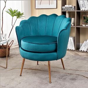 Container Furniture Direct Velvet Barrel Accent Chair with Scalloped Silhouette and Gold Metal Legs, Decorative Piece Suitable for Traditional, Modern, and Contemporary Spaces, Greenish Blue