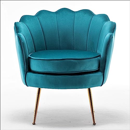 Container Furniture Direct Velvet Barrel Accent Chair with Scalloped Silhouette and Gold Metal Legs, Decorative Piece Suitable for Traditional, Modern, and Contemporary Spaces, Greenish Blue