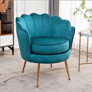 Container Furniture Direct Velvet Barrel Accent Chair with Scalloped Silhouette and Gold Metal Legs, Decorative Piece Suitable for Traditional, Modern, and Contemporary Spaces, Greenish Blue