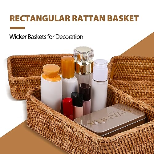 Rattan Serving Tray, Hand Woven Basket, Home Decor Organizer Tray for Breakfast, Tea, Snack, Fruit, Coffee Storage (Rec Small)