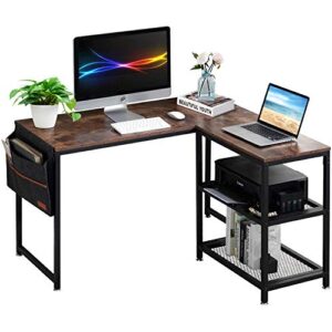 vecelo computer desk l shaped heavy duty home office table for study/gaming/writing room with storage bag and shelf, space-saving corner workstation, 47" d x 19" w x 31" h, rustic brown