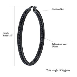 IUITY Medium Black Hoop Earrings for Women Girls Big Hoop Earrings Stainless Steel Hypoallergenic Black Diamond Hoops Large Rhinestone Earrings for Sensitive Ears Summer Jewerly Gifts 40mm