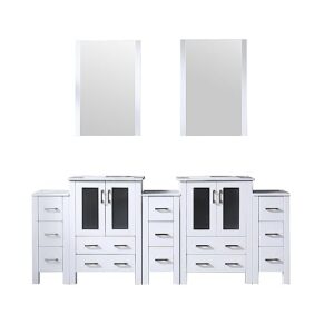 Lexora Volez 84 in W x 18.25 in D White Double Bath Vanity with Side Cabinets, White Ceramic Top and 22 in Mirrors