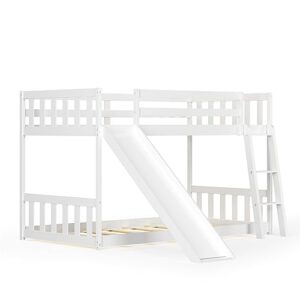 gorelax twin over twin size bunk bed with slide, loft low bunk beds, wood floor bed frame with ladder & guardrail, no box spring needed, space-saving modern bunk bed for kids, adults (white)