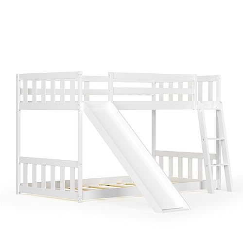 GORELAX Twin Over Twin Size Bunk Bed with Slide, Loft Low Bunk Beds, Wood Floor Bed Frame with Ladder & Guardrail, No Box Spring Needed, Space-Saving Modern Bunk Bed for Kids, Adults (White)