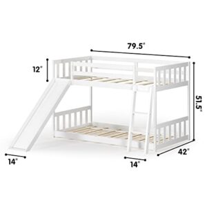 GORELAX Twin Over Twin Size Bunk Bed with Slide, Loft Low Bunk Beds, Wood Floor Bed Frame with Ladder & Guardrail, No Box Spring Needed, Space-Saving Modern Bunk Bed for Kids, Adults (White)