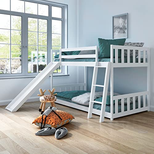GORELAX Twin Over Twin Size Bunk Bed with Slide, Loft Low Bunk Beds, Wood Floor Bed Frame with Ladder & Guardrail, No Box Spring Needed, Space-Saving Modern Bunk Bed for Kids, Adults (White)