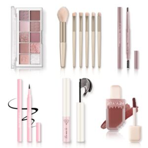 all in one makeup kit - makeup set for women, girls & teens, include 10 colors eyeshadow palette, lip gloss, eyebrow & eyeliner pencil, waterproof mascara, 6 pcs makeup brushes (pink kits)