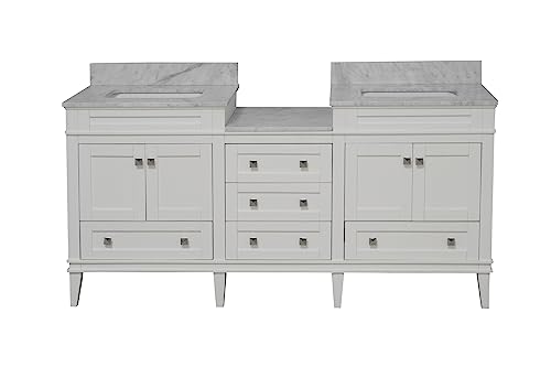 Kitchen Bath Collection Eleanor 72-inch Double Bathroom Vanity (White/Carrara): Includes White Cabinet with Authentic Italian Carrara Marble Countertop and White Ceramic Sinks