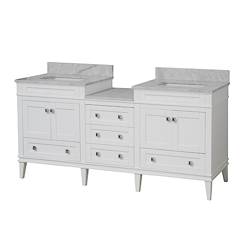 Kitchen Bath Collection Eleanor 72-inch Double Bathroom Vanity (White/Carrara): Includes White Cabinet with Authentic Italian Carrara Marble Countertop and White Ceramic Sinks