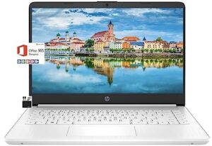 hp newest 14" hd light thin laptop for student business, quad-core intel n4120, 4gb ram, 64gb emmc, webcam, hdmi, wi-fi, long battery, windows 11 s + 1 year office 365, white+marxsolcable