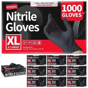 supmedic black nitrile exam glove, 5 mil powder-free latex-free disposable medical gloves, case of 1000 pcs (s/m/l/xl) (x-large)