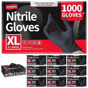 Supmedic Black Nitrile Exam Glove, 5 mil Powder-Free Latex-Free Disposable Medical Gloves, Case of 1000 Pcs (S/M/L/XL) (X-Large)