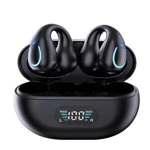 qawdawm clip-on open ear bone conduction headphones, bluetooth 5.3 wireless earbuds with digital display charging case 80 hours playtime ipx4 waterproof sports headphones for running, walking, workout