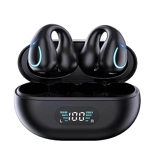 QAWDAWM Clip-On Open Ear Bone Conduction Headphones, Bluetooth 5.3 Wireless Earbuds with Digital Display Charging Case 80 Hours Playtime IPX4 Waterproof Sports Headphones for Running, Walking, Workout