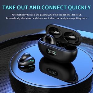 QAWDAWM Clip-On Open Ear Bone Conduction Headphones, Bluetooth 5.3 Wireless Earbuds with Digital Display Charging Case 80 Hours Playtime IPX4 Waterproof Sports Headphones for Running, Walking, Workout