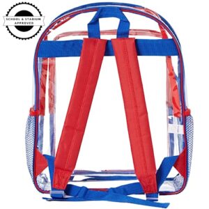 Red and Blue Clear Backpack for School, 16 inch Stadium Approved Transparent Bag