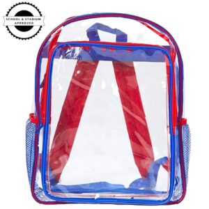 Red and Blue Clear Backpack for School, 16 inch Stadium Approved Transparent Bag