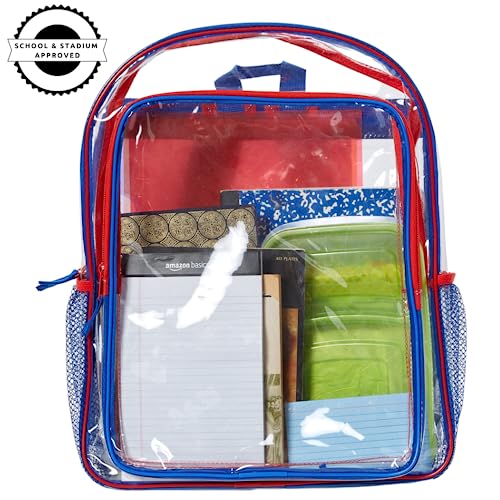 Red and Blue Clear Backpack for School, 16 inch Stadium Approved Transparent Bag