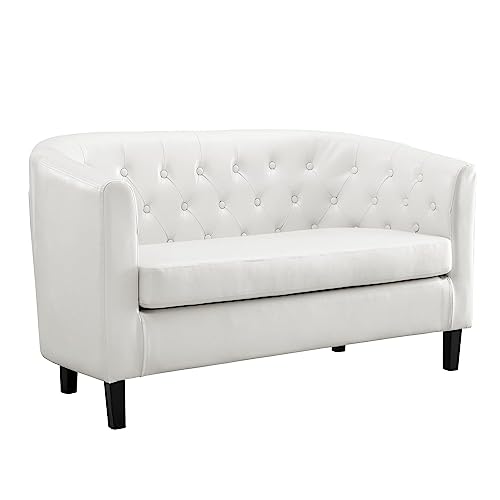 Barrel Love Seat, Button Tufted Faux Leather Barrel Loveseat Sofas, Midcentury Modern 2 Seater Sofa Couch, Small Loveseats for Small Spaces, Bedrooms, Love Seats Couches for Living Room - White