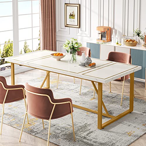 Tribesigns 70.9 Inch Dining Table for 6 to 8, Modern Kitchen Table Dining Room Table, Rectangle White Dinner Table with Gold Meta Base for Kitchen, Living Room