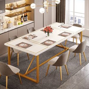 Tribesigns 70.9 Inch Dining Table for 6 to 8, Modern Kitchen Table Dining Room Table, Rectangle White Dinner Table with Gold Meta Base for Kitchen, Living Room