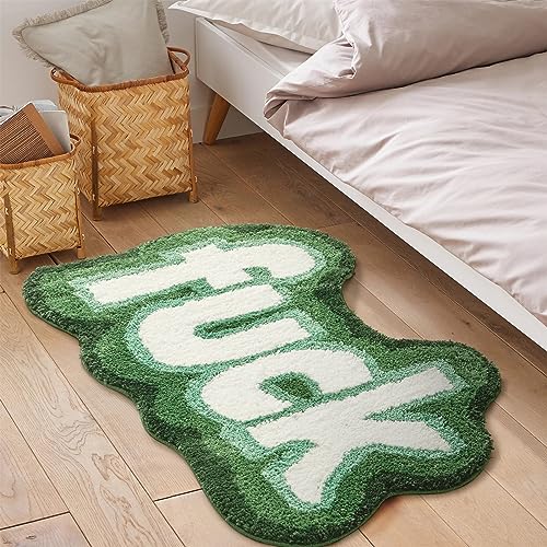 RoomTalks Green Cute Funky Bathroom Rugs Non Slip Washable, Shaggy Soft Absorbent Funny Cool Unique 2x3 Accent Throw Carpet Small Area Rugs for Bedroom Bathroom Dorm Kitchen Rude Swear Words Fuck Rug