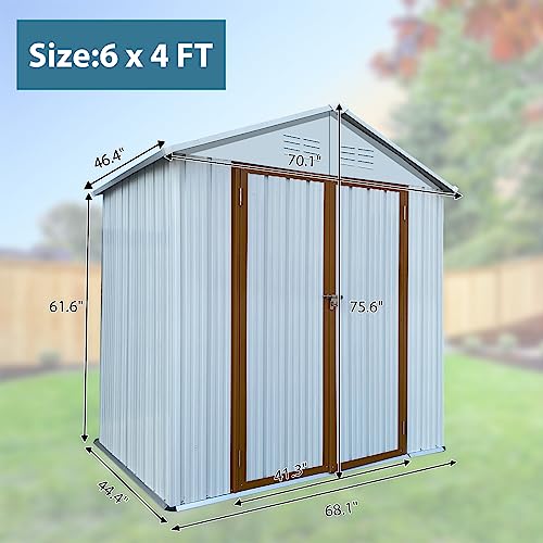 Zevemomo 6 x 4 ft Outdoor Storage Shed, All Weather Metal Shed with Lockable Door, Tool Shed Outdoor Storage for Garden, Patio, Backyard, Lawn, White and Yellow