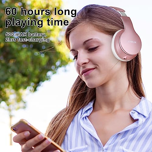 JOMILIN B9 Bluetooth Headphones Over-Ear, 60 Hours Playtime Lightweight Folding Hi-fi Stereo Bass Wireless Headset with Mic, Volume Control Headphones for iPad/Travel/Tablet/PC (Rose Gold)