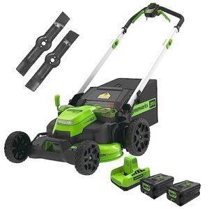 greenworks 60v 25inch cordless self-propelled lawn mower ,with (2) 4.0ah batteries and dual port charger and replacement blades