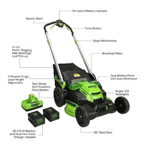 Greenworks 60V 25inch Cordless Self-propelled Lawn Mower ,with (2) 4.0AH Batteries and Dual Port Charger and Replacement Blades