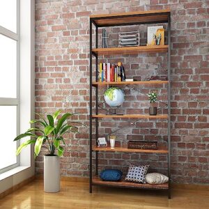 aceshin 6 tier bookcase, solid wood bookshelf rustic vintage industrial bookcase, metal and wood vintage bookshelf (6 tier)