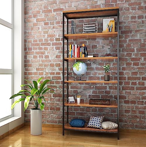 Aceshin 6 Tier Bookcase, Solid Wood Bookshelf Rustic Vintage Industrial Bookcase, Metal and Wood Vintage Bookshelf (6 Tier)