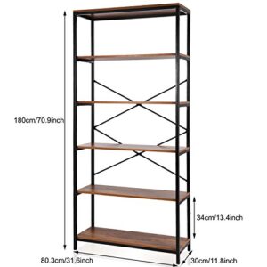 Aceshin 6 Tier Bookcase, Solid Wood Bookshelf Rustic Vintage Industrial Bookcase, Metal and Wood Vintage Bookshelf (6 Tier)