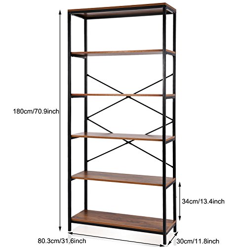 Aceshin 6 Tier Bookcase, Solid Wood Bookshelf Rustic Vintage Industrial Bookcase, Metal and Wood Vintage Bookshelf (6 Tier)