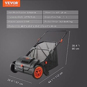 VEVOR Push Lawn Sweeper, 21-inch Leaf & Grass Collector, Strong Rubber Wheels & Heavy Duty Thickened Steel Durable to Use with Large Capacity 3.5 cu. ft. Mesh Collection Hopper Bag, 2 Spinning Brushes