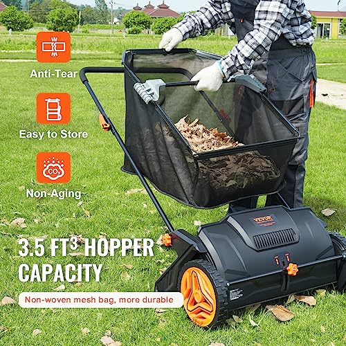 VEVOR Push Lawn Sweeper, 21-inch Leaf & Grass Collector, Strong Rubber Wheels & Heavy Duty Thickened Steel Durable to Use with Large Capacity 3.5 cu. ft. Mesh Collection Hopper Bag, 2 Spinning Brushes