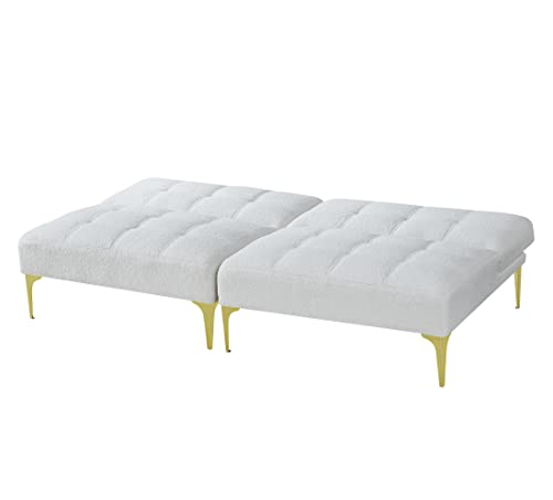 Convertible Couch Bed Futon with Gold Metal Legs, Modern Multi-Functional Convertible Sofa Bed, Teddy Fabric, Small Sectional Sofa, Perfect for Living Room, Bedroom, Office, Apartment (White)